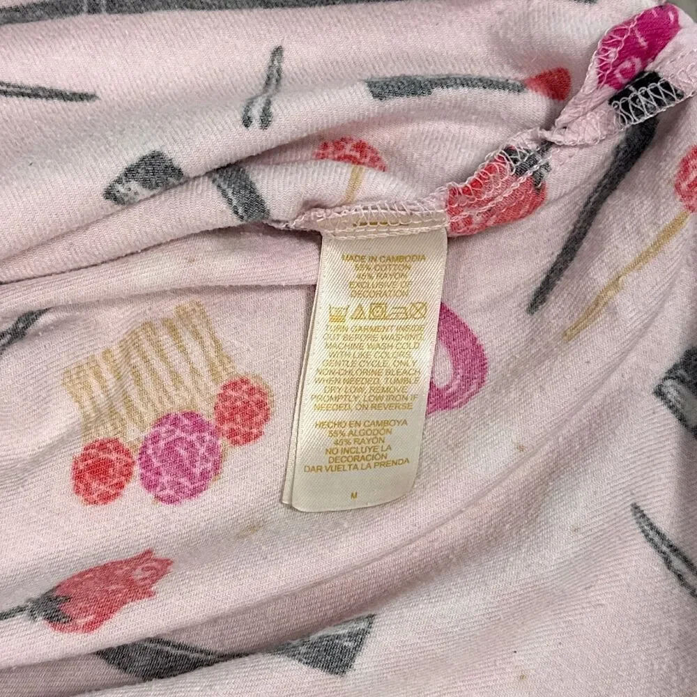 Kate Spade Pink Flannel Pajama Set Makeup Lipstick Bows Sz Med READ DESC.